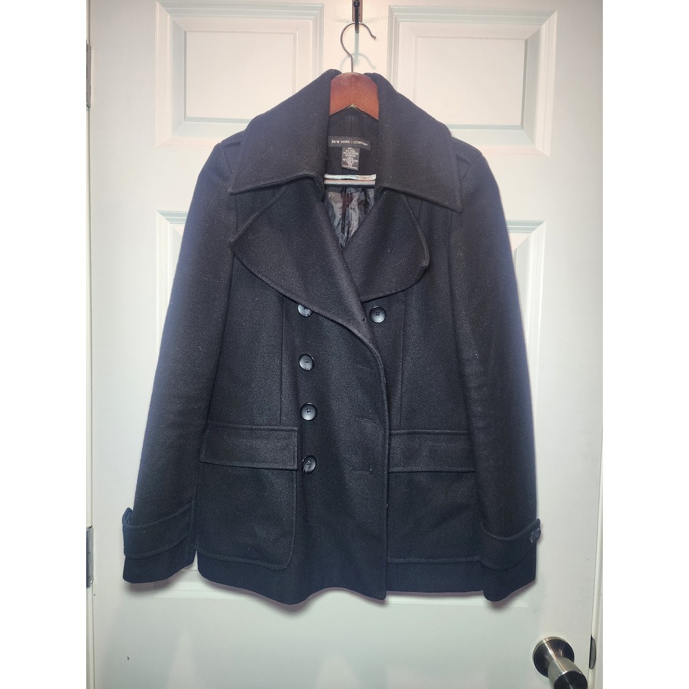 New York & Company Womens Black Wool Blend Double Breasted Pea Coat Jacket XS